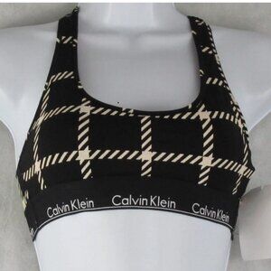 Calvin Klein Women's Logo Band Cotton Blend Bralette, Black Beige Plaid, Small